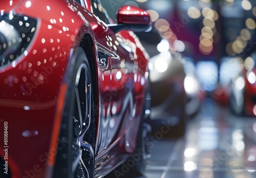 Luxury showroom showcases new cars against blurred backdrop with bokeh lights in motor show event.  © Nicat