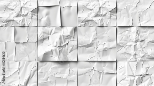 A white glued paper texture has the effect of wet paper or crumpled material. Isolated on a white background are empty square stickers with wrinkles.