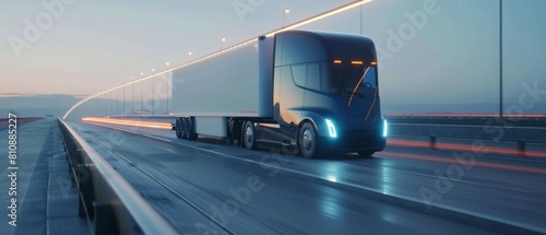 3D Self-Driving Robotics Concept: Autonomous Truck Driving Fast on Scenic Highway Bridge with Scanning Sensors. 3D Electric Car Driving Fast on Scenic Highway Bridge.
