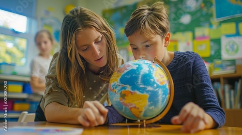 A female teacher is helping a male student to learn geography with a spinning globe in the classroom.