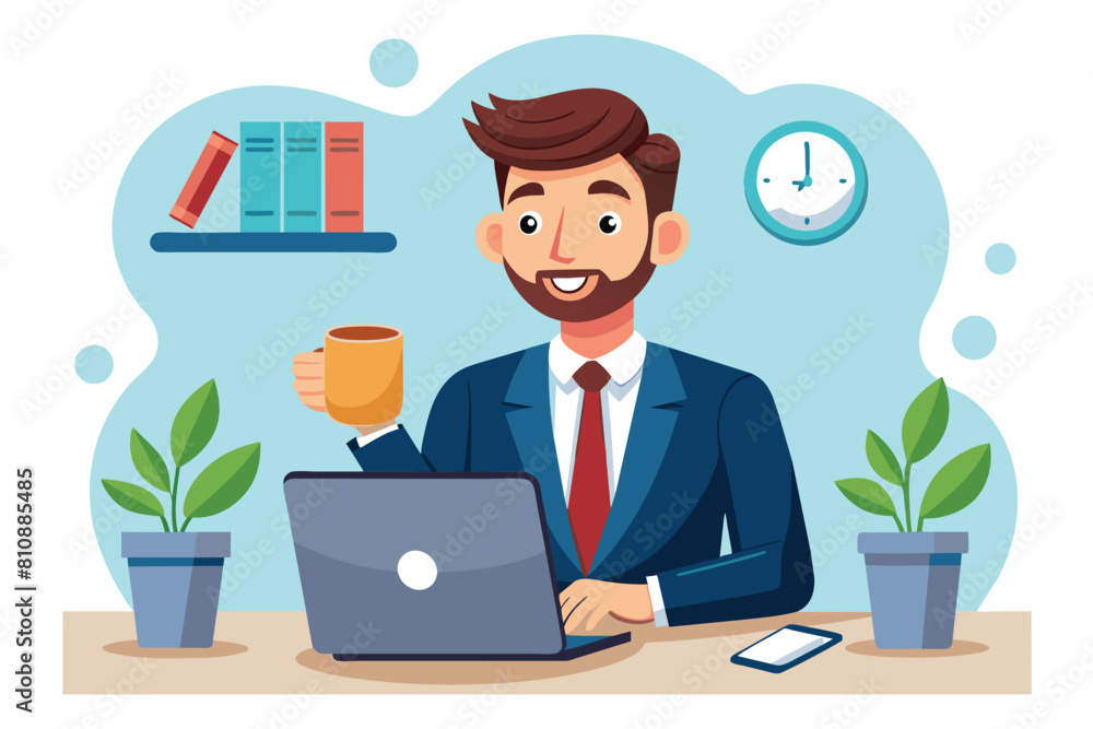 A businessman in a suit sitting at a desk holding a coffee cup. Ai generated A businessman in a suit sitting at a desk holding a coffee cup. Ai generated
