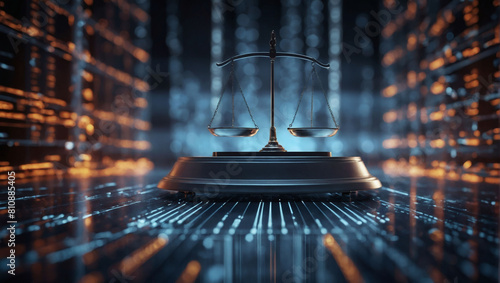 Digital Governance, Law Scales Imposed on Background of Data Center, Symbolizing Modern Legal Paradigms
