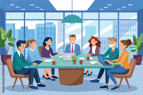 Team members discussing ideas at conference table.AI generated