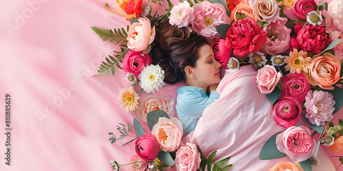 Floral Dream: Woman Asleep Among Blooms | Beauty in Bloom: Colorful Flower Bed and Peaceful Rest 