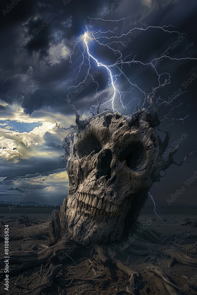 Dramatic Driftwood Resembling Skull Under Stormy Sky
