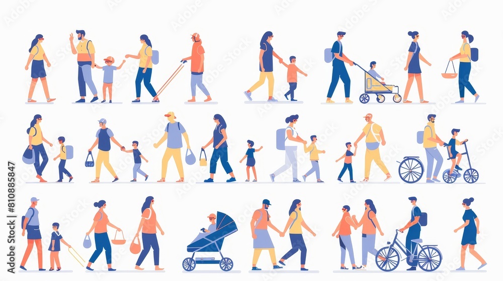 A group of people walking, outdoor activities. Isolated characters holding hands walking together, a mother in a stroller with her baby and a toddler, rollerblading, on a bicycle, modern illustration
