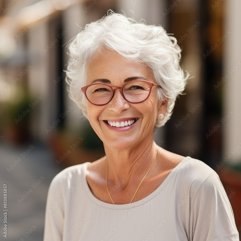 Beautiful older woman with glasses smiling brightly Fictional Character Created By Generative AI. Beautiful older woman with glasses smiling brightly Fictional Character Created By Generative AI.
