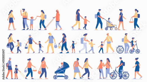 A group of people walking  outdoor activities. Isolated characters holding hands walking together  a mother in a stroller with her baby and a toddler  rollerblading  on a bicycle  modern illustration