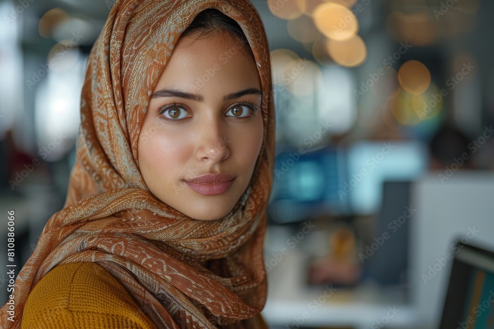 Close-up of a content woman in a richly textured brown hijab, gazing calmly Close-up of a content woman in a richly textured brown hijab, gazing calmly