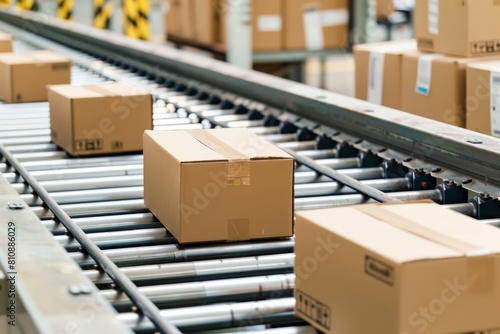 Close-up of many cardboard boxes moving smoothly along a conveyor belt © viktorbond