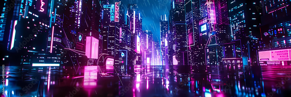 techno glow in cyberpunk cityscape featuring a towering skyscraper, a bustling street, and a bustling river