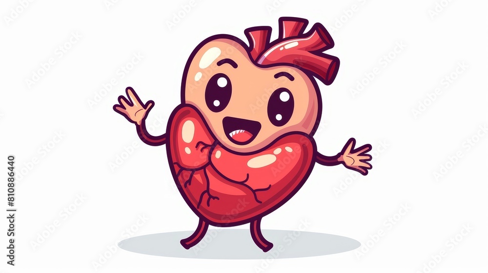 Animated cartoon heart. Cute and funny image of a heart system with a kawaii face. Healthy body, anatomy for kids.