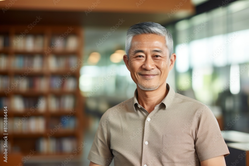 Fototapeta premium Portrait of a smiling asian man in his 60s donning a classy polo shirt in classic library interior
