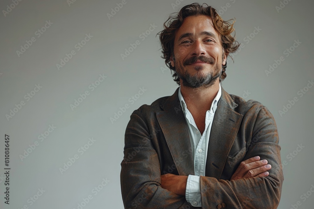 Fototapeta premium Man in dress shirt and blazer, arms crossed, smiling with beard