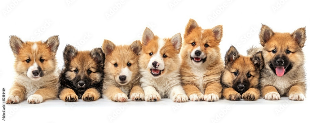 A group of adorable Shiba Inu puppies in a row on a white background.
