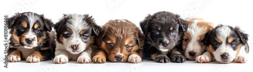 A group of Australian shepherd puppies sits in a row against a white background. The Australian Shepherd is a breed of herding dog from the United States.