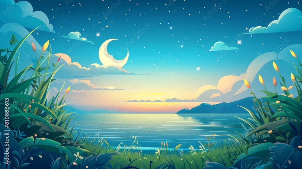 During sunrise, a seascape, lagoon, or lake is outlined with the moon and stars in the sky. Modern cartoon illustration of a peaceful scene in nature.