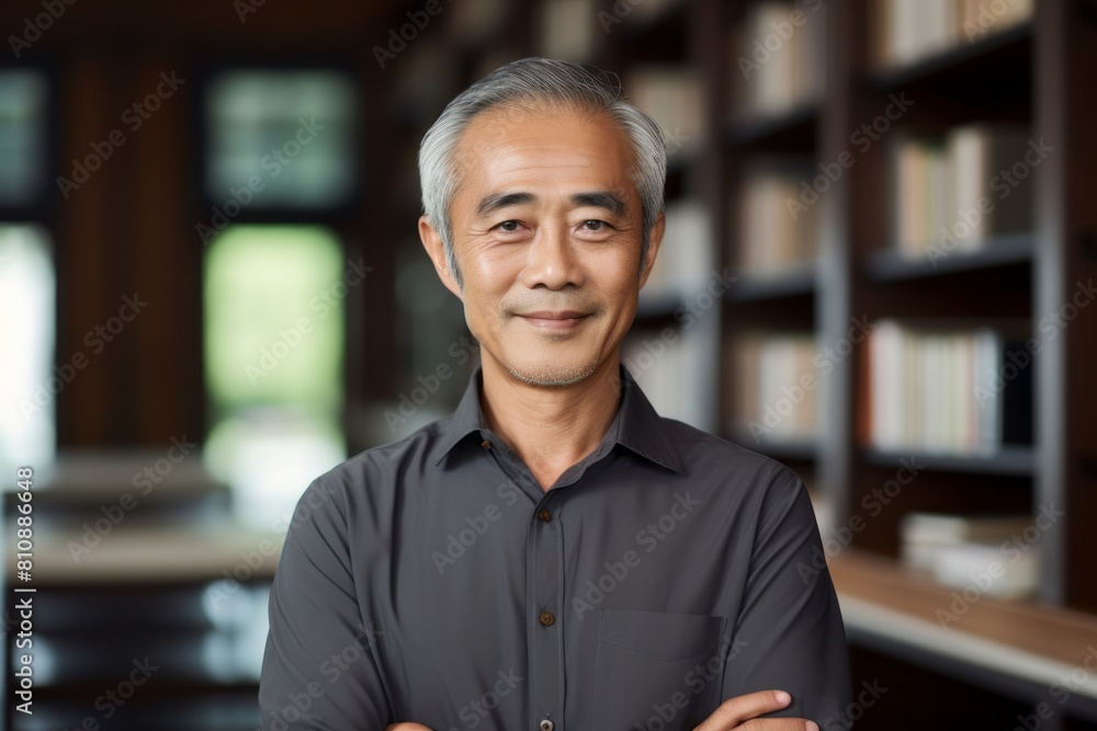 Portrait of a smiling asian man in his 60s donning a classy polo shirt over classic library interior Portrait of a smiling asian man in his 60s donning a classy polo shirt over classic library interior