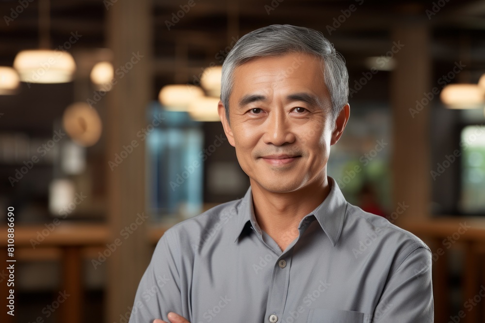 Portrait of a smiling asian man in his 60s donning a classy polo shirt in front of classic library interior Portrait of a smiling asian man in his 60s donning a classy polo shirt in front of classic library interior
