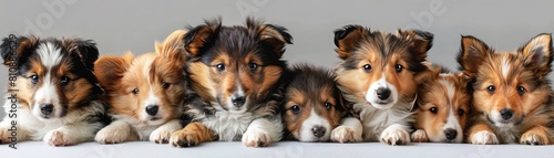 A group of Shetland Sheepdogs with different coat colors and markings. photo