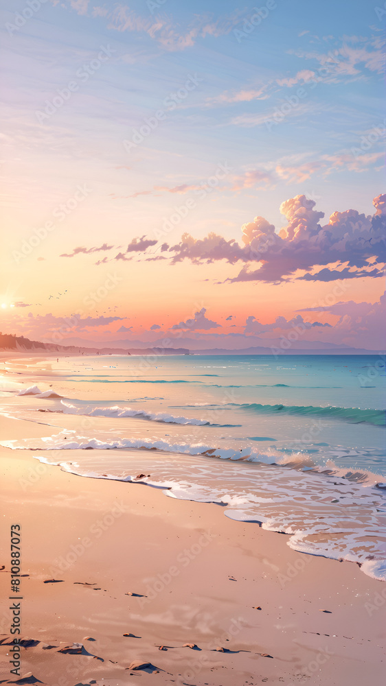  A beach at sunset with calm waves and a blue sky