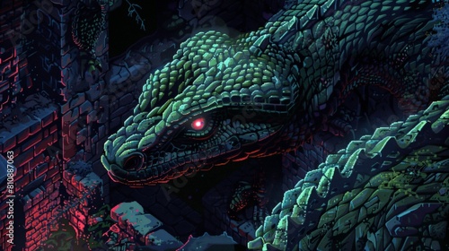 A giant green snake with red eyes slithers through a dark city. photo