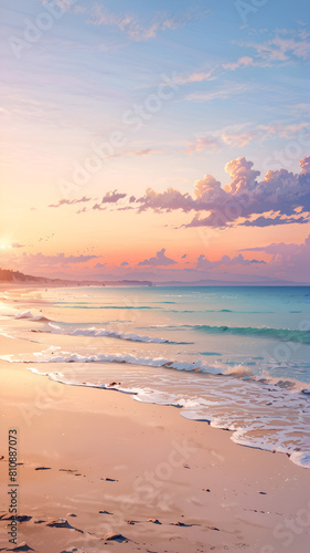  A beach at sunset with calm waves and a blue sky