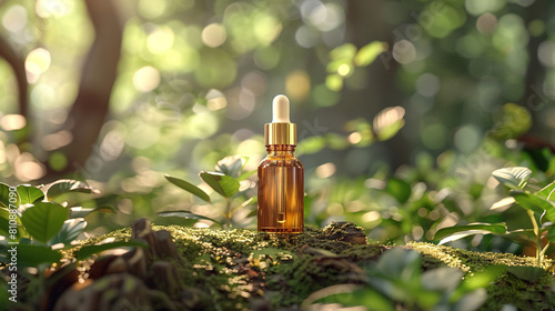 A glass bottle with aromatic oil or serum on nature blur background effect cosmetic products design mockup ,  Concept of beauty