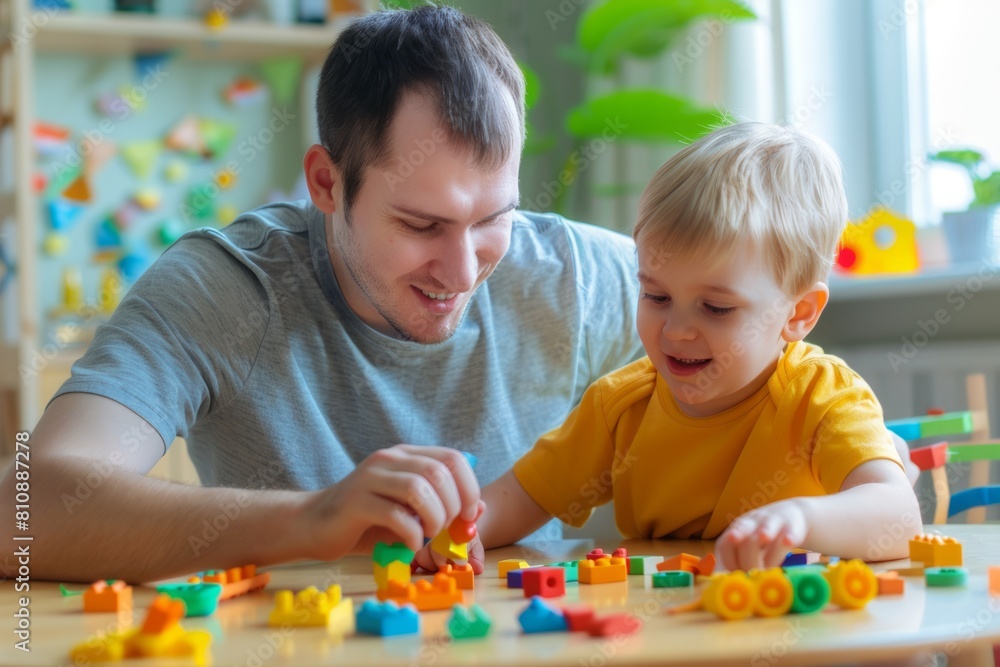 father and son playing blocks