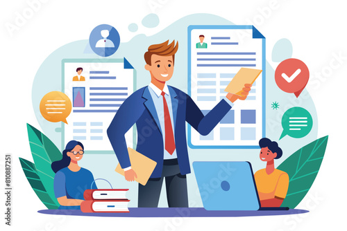 A man in a suit standing in front of numerous icons. AI generated