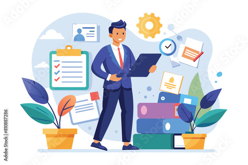 A man in a suit standing in front of numerous icons. AI generated