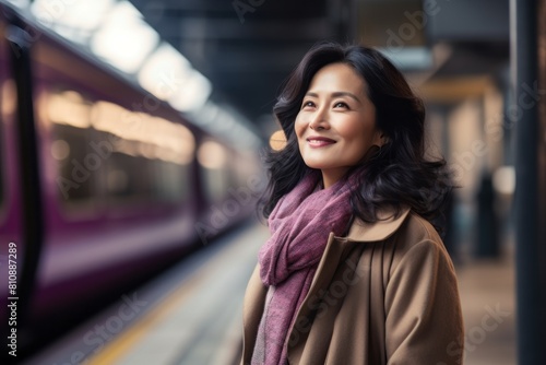 Portrait of a blissful asian woman in her 40s wearing a chic cardigan in front of modern city train station