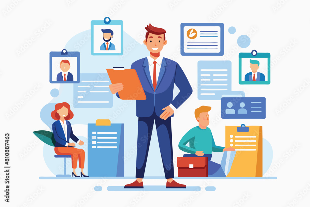 A man in a suit standing in front of numerous icons. AI generated A man in a suit standing in front of numerous icons. AI generated