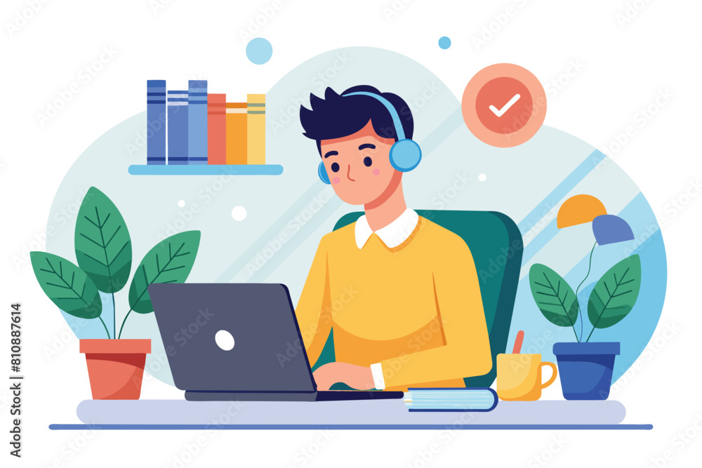A man working at his desk with a laptop, surrounded by lush green plants, Ai generated A man working at his desk with a laptop, surrounded by lush green plants, Ai generated