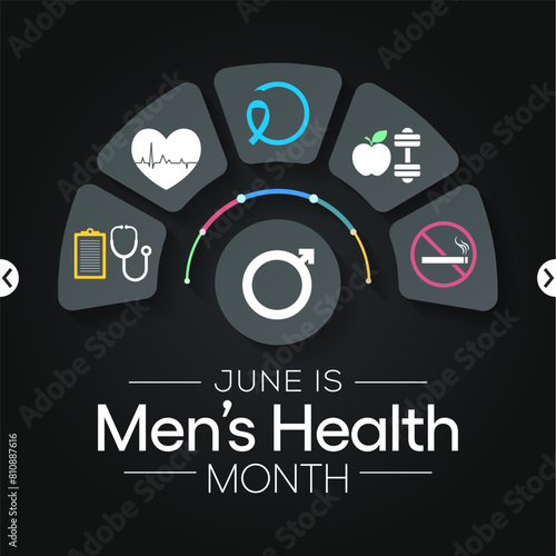 Men's health month is observed every year in June, it is used to raise awareness about health care for men and focus on encouraging boys to practice and implement healthy living decisions. Vector art.