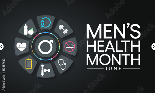 Men's health month is observed every year in June, it is used to raise awareness about health care for men and focus on encouraging boys to practice and implement healthy living decisions. Vector art.