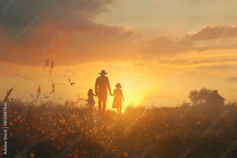 Happy family walking to their new house at sunrise, housewarming party