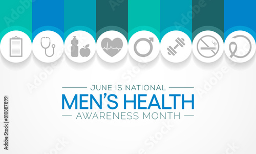Men's health month is observed every year in June, it is used to raise awareness about health care for men and focus on encouraging boys to practice and implement healthy living decisions. Vector art.