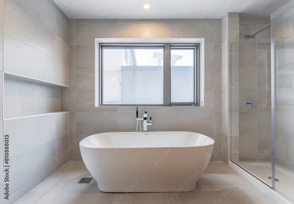 A modern bathroom with grey tiles, white walls and a large window. A freestanding bathtub is centered in the room A modern bathroom with grey tiles, white walls and a large window. A freestanding bathtub is centered in the room