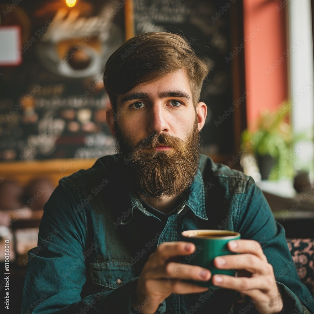 A Bearded Man in a Jean Jacket Enjoys a Cup of Coffee Fictional Character Created By Generative AI. A Bearded Man in a Jean Jacket Enjoys a Cup of Coffee Fictional Character Created By Generative AI.