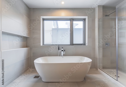 A modern bathroom with grey tiles  white walls and a large window. A freestanding bathtub is centered in the room