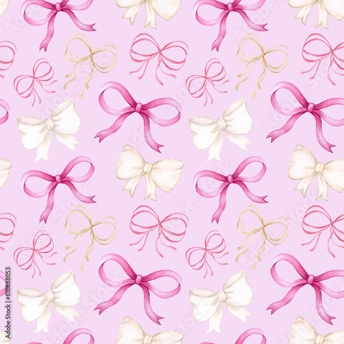 Watercolor seamless pattern with ribbon bows on a white background. Hand drawn print with holiday bows in different colors, gold, pink, white. Design and decoration of wrapping paper, background