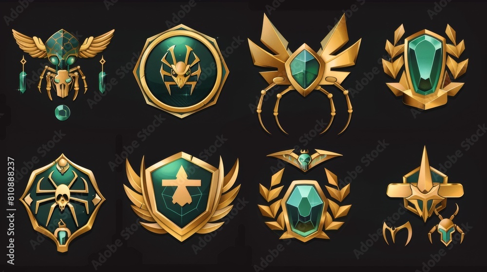 A set of golden UX elements for game levels, including icons, buttons, empty badges, green glossy plank, gold wings, laurel wreaths, and spider legs. A set of golden UX elements for game levels, including icons, buttons, empty badges, green glossy plank, gold wings, laurel wreaths, and spider legs.