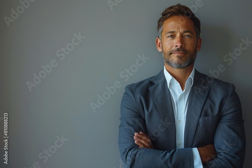 A whitecollar worker in formal wear with arms crossed