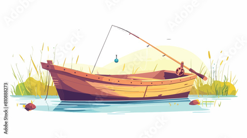 Empty wood boat with fishing rod pole and bobber floa photo