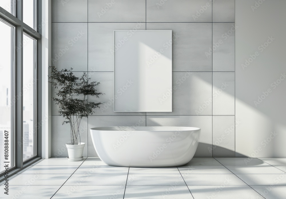 A modern bathroom with grey tiles, white walls and a large window. A freestanding bathtub is centered in the room A modern bathroom with grey tiles, white walls and a large window. A freestanding bathtub is centered in the room
