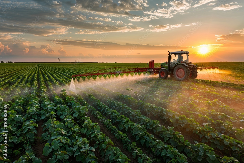 Tractor Spraying Pesticides on Green Soybean Plantation at Sunset Tractor Spraying Pesticides on Green Soybean Plantation at Sunset