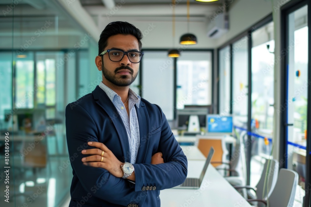 Professional Man in Suit Posing at Office Fictional Character Created By Generative AI. Professional Man in Suit Posing at Office Fictional Character Created By Generative AI.