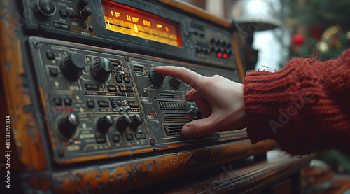 closeup of the hand turning on an old radio, with focus centered around it and the channel shifting button