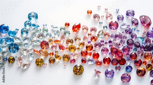 Sparkling jewels in assorted colors arranged gracefully on a clean white background, capturing the essence of elegance.
